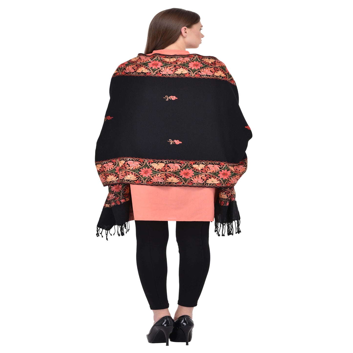 Kashmir Embroidered Floral Pure Wool Shawl | Traditional Aari Hand Embroidery | 28" x 80" Inch