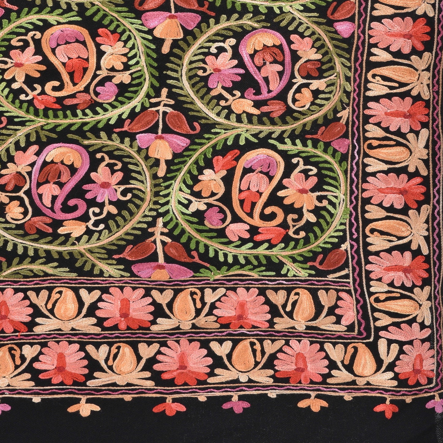 Kashmir Embroidered Floral Pure Wool Shawl | Traditional Aari Hand Embroidery | 28" x 80" Inch