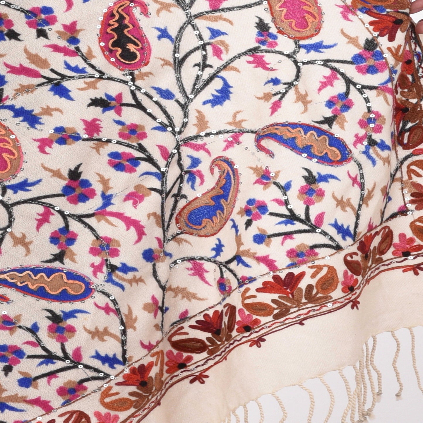 Kashmir Embroidered Floral Pure Wool Shawl | Traditional Aari Hand Embroidery | 28" x 80" Inch