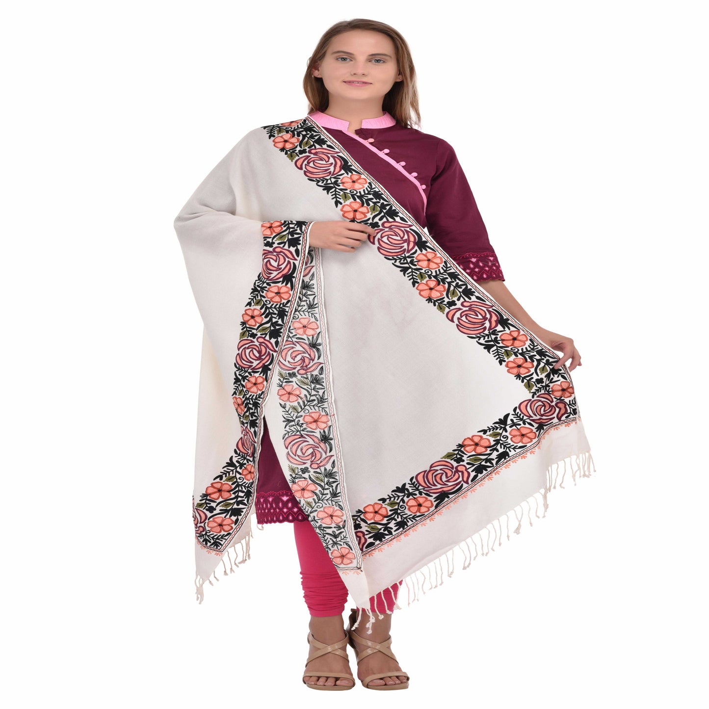 Kashmir Embroidered Floral Pure Wool Shawl | Traditional Aari Hand Embroidery | 28" x 80" Inch