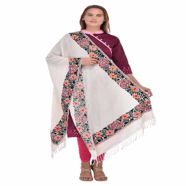 Kashmir Embroidered Floral Pure Wool Shawl | Traditional Aari Hand Embroidery | 28" x 80" Inch