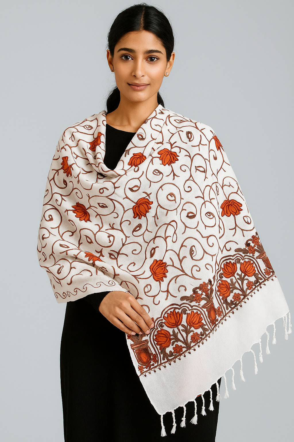 Kashmiri Embroidered Shawl | Multi-Color Aari Embroidery | Traditional Indian Shawl for Women | Winter Wrap | 28x80 inches