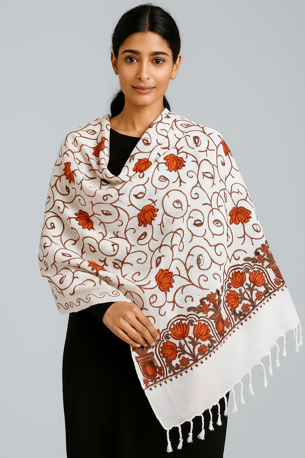 Kashmiri Embroidered Shawl | Multi-Color Aari Embroidery | Traditional Indian Shawl for Women | Winter Wrap | 28x80 inches
