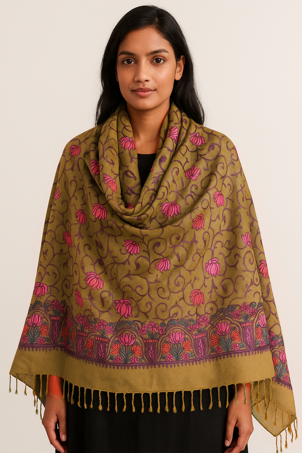 Kashmiri Embroidered Shawl | Multi-Color Aari Embroidery | Traditional Indian Shawl for Women | Winter Wrap | 28x80 inches