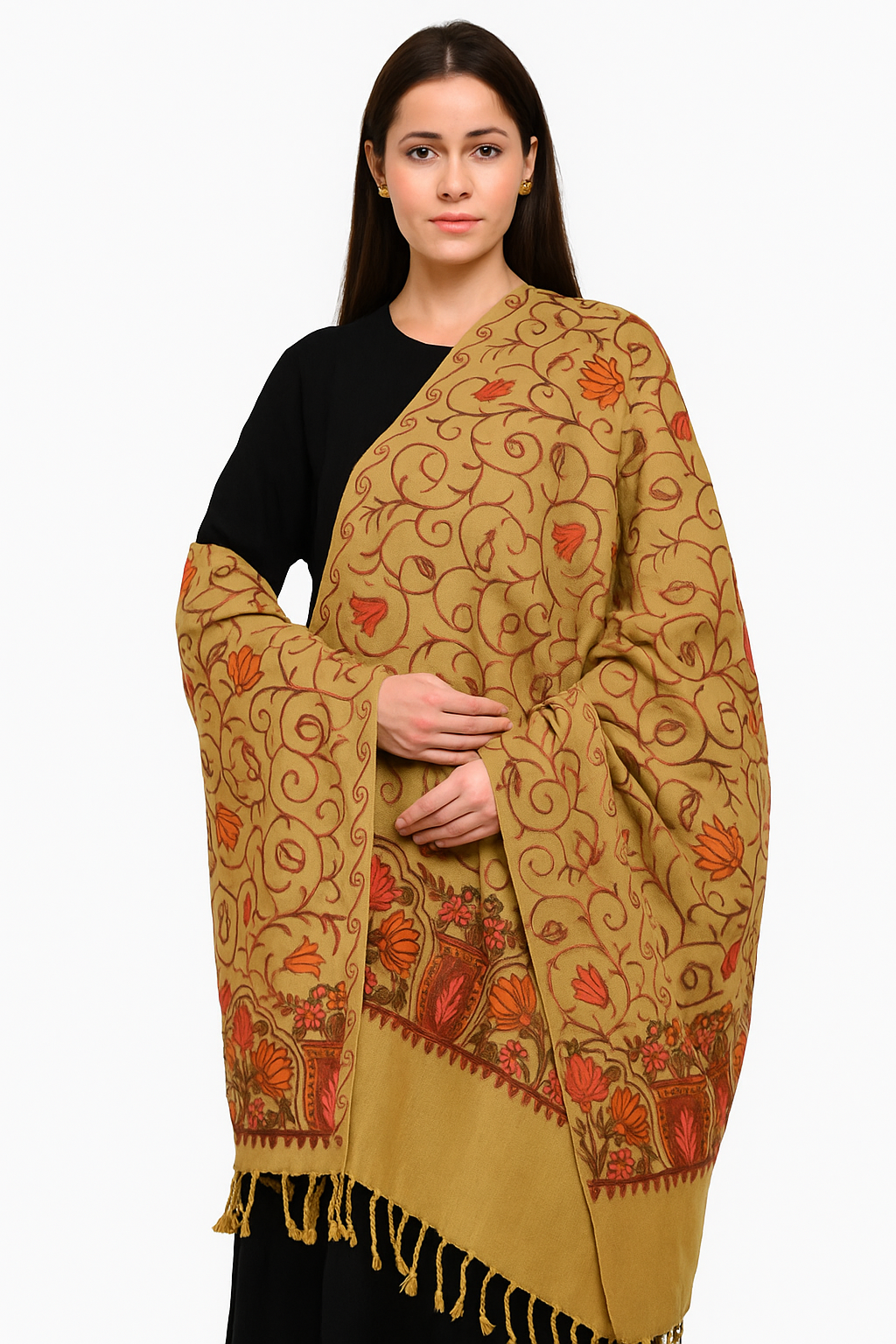 Kashmiri Embroidered Shawl | Multi-Color Aari Embroidery | Traditional Indian Shawl for Women | Winter Wrap | 28x80 inches
