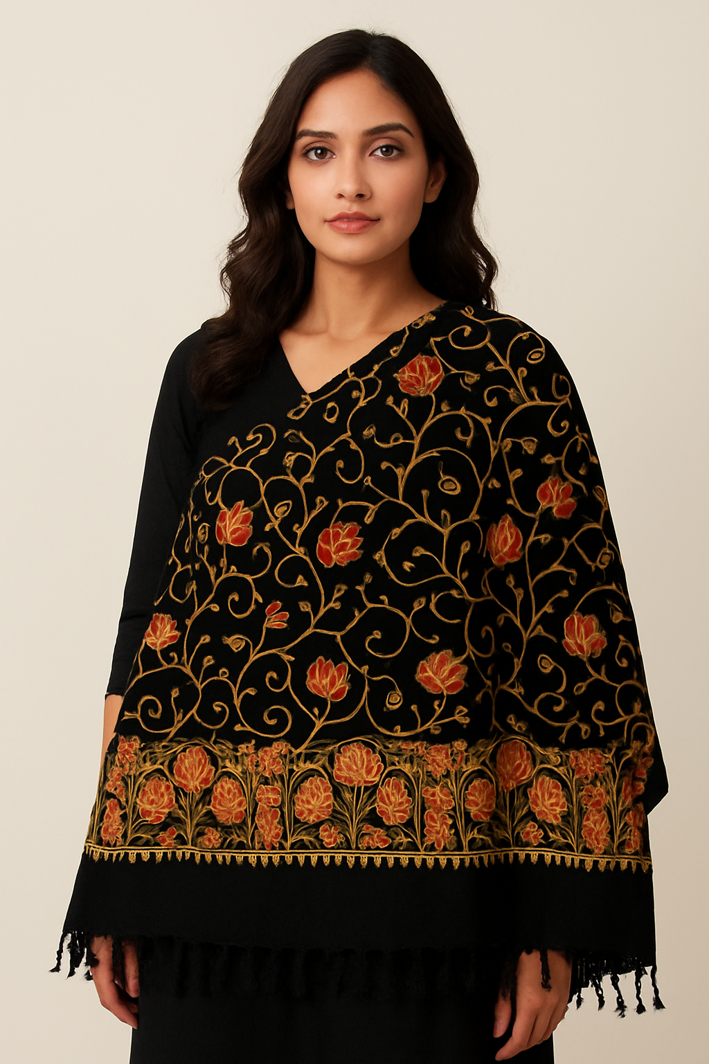 Kashmiri Embroidered Shawl | Multi-Color Aari Embroidery | Traditional Indian Shawl for Women | Winter Wrap | 28x80 inches