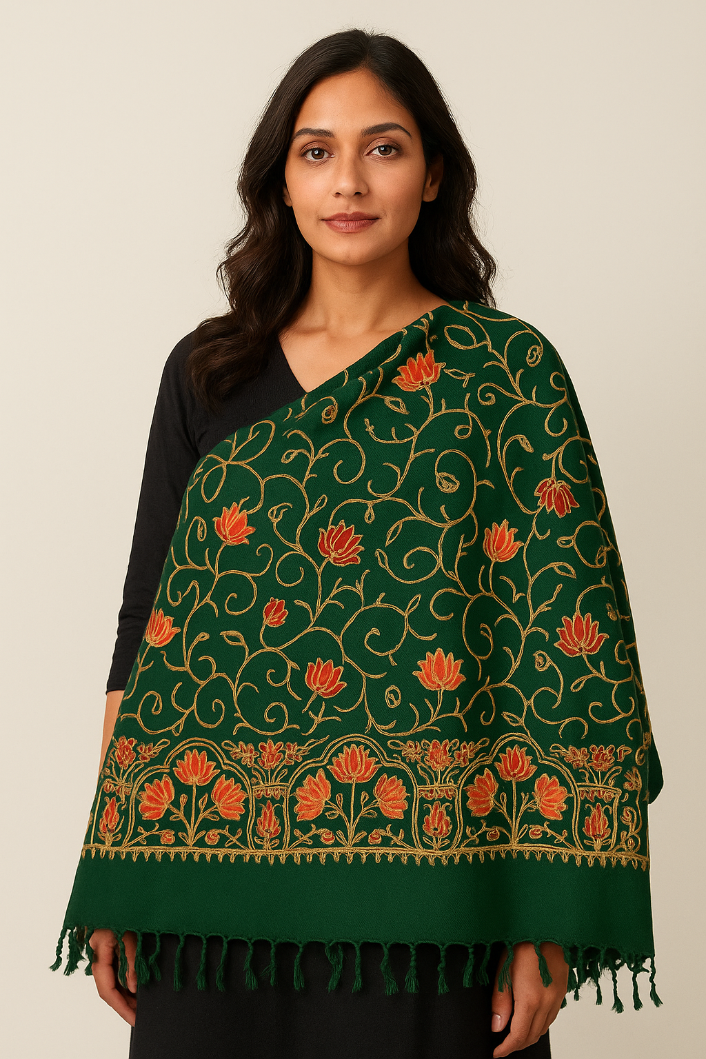 Kashmiri Embroidered Shawl | Multi-Color Aari Embroidery | Traditional Indian Shawl for Women | Winter Wrap | 28x80 inches