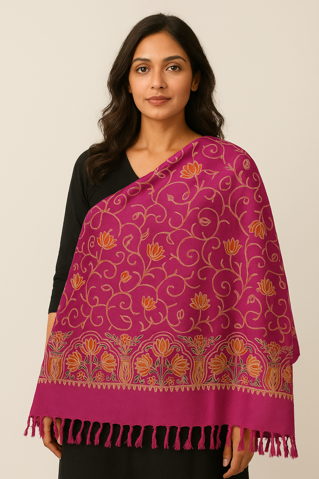 Kashmiri Embroidered Shawl | Multi-Color Aari Embroidery | Traditional Indian Shawl for Women | Winter Wrap | 28x80 inches