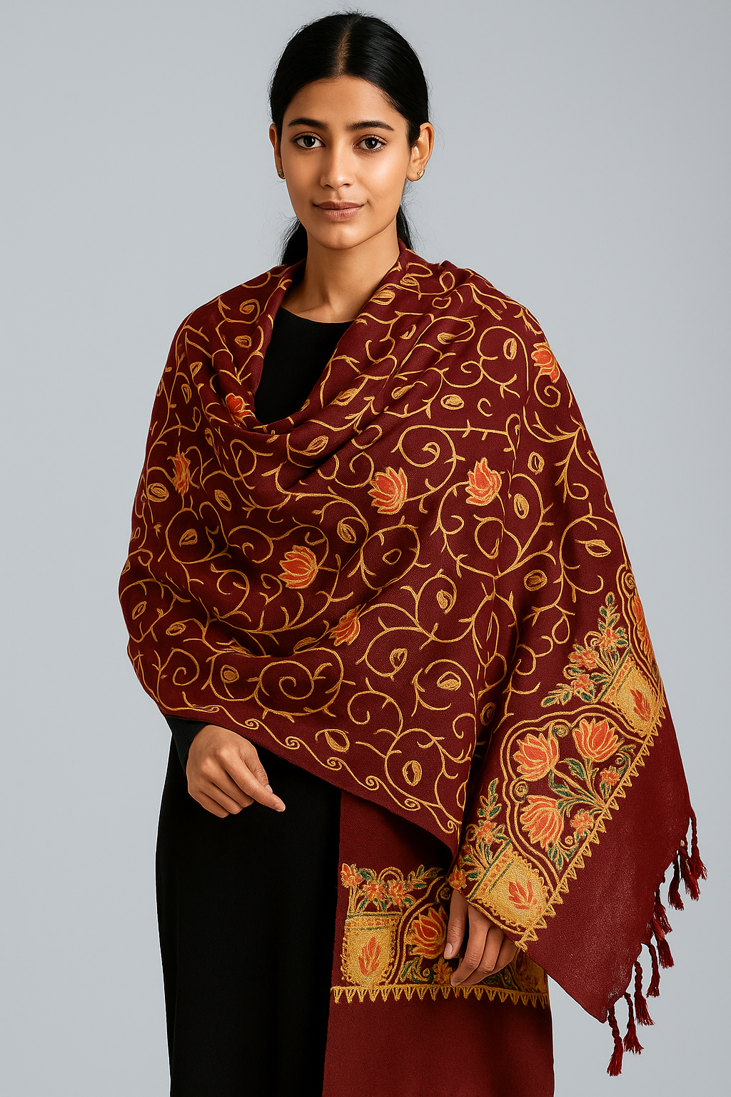 Kashmiri Embroidered Shawl | Multi-Color Aari Embroidery | Traditional Indian Shawl for Women | Winter Wrap | 28x80 inches