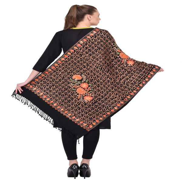 Kashmir Embroidered Floral Pure Wool Shawl | Traditional Aari Hand Embroidery | 28" x 80" Inch