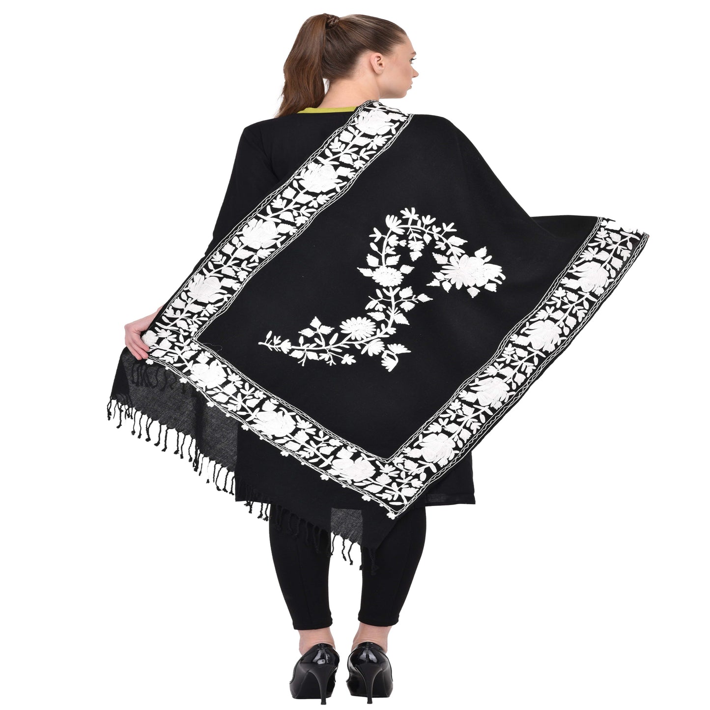 Kashmir Embroidered Floral Pure Wool Shawl | Traditional Aari Hand Embroidery | 28" x 80" Inch