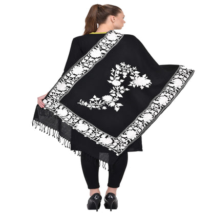 Kashmir Embroidered Floral Pure Wool Shawl | Traditional Aari Hand Embroidery | 28" x 80" Inch