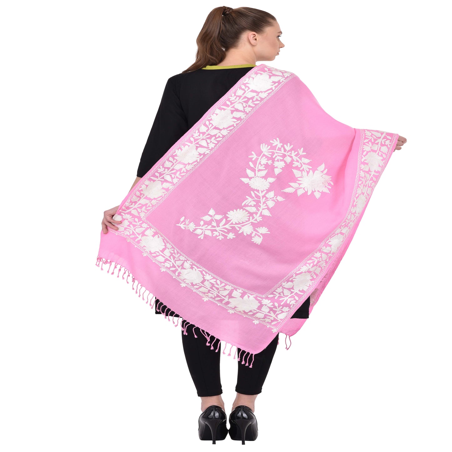 Kashmir Embroidered Floral Pure Wool Shawl | Traditional Aari Hand Embroidery | 28" x 80" Inch