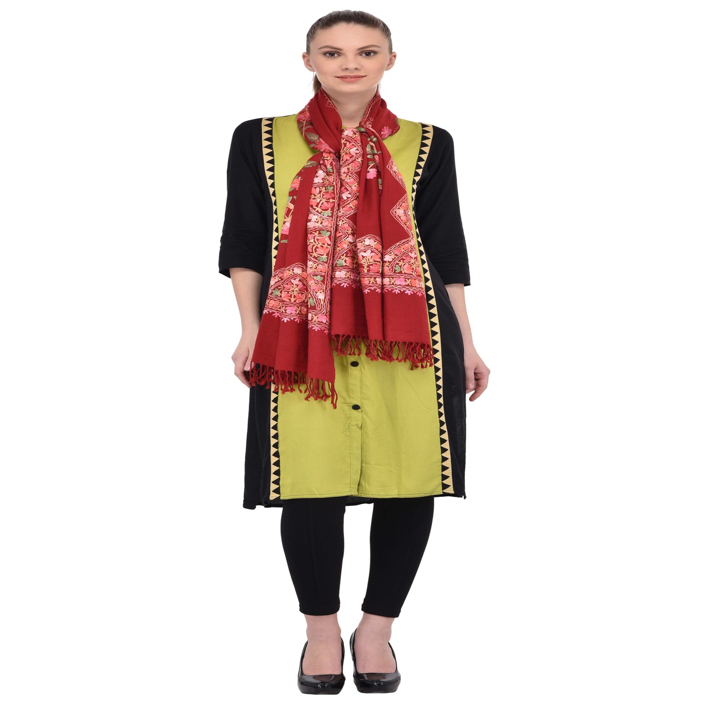 Kashmir Embroidered Floral Pure Wool Shawl | Traditional Aari Hand Embroidery | 28" x 80" Inch