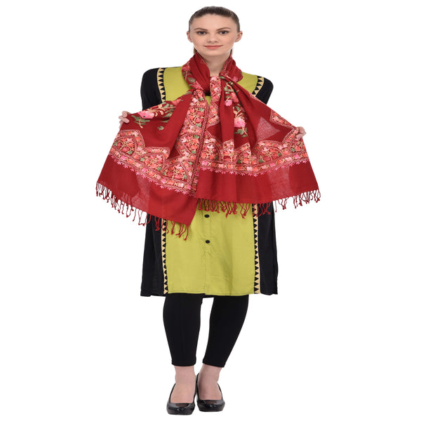 Kashmir Embroidered Floral Pure Wool Shawl | Traditional Aari Hand Embroidery | 28" x 80" Inch