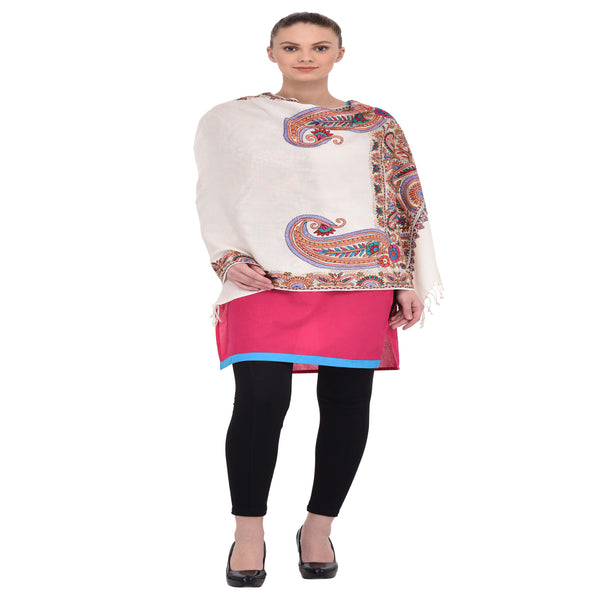 Kashmir Embroidered Floral Pure Wool Shawl | Traditional Aari Hand Embroidery | 28" x 80" Inch
