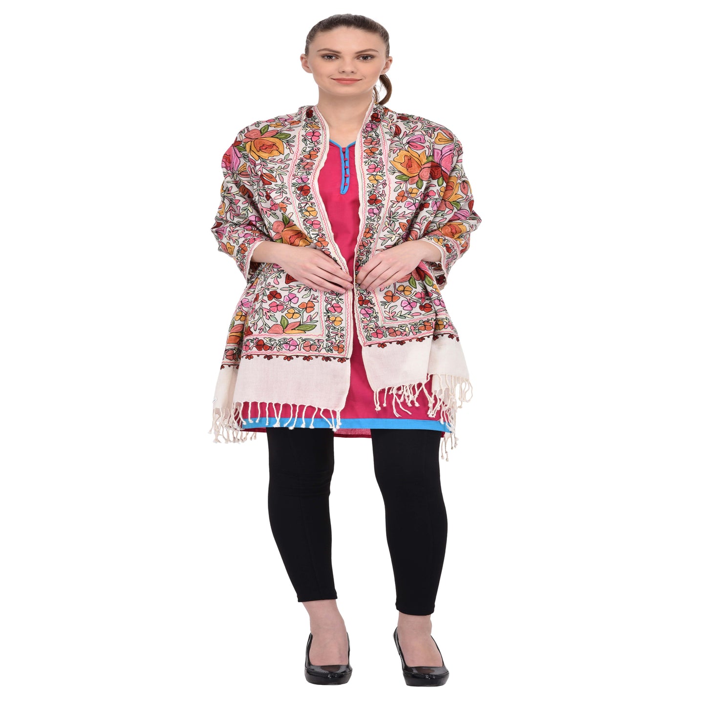 Kashmir Embroidered Floral Pure Wool Shawl | Traditional Aari Hand Embroidery | 28" x 80" Inch