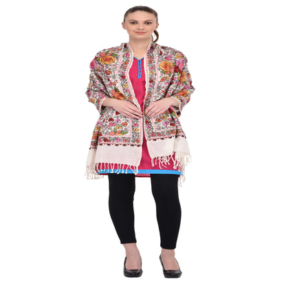Kashmir Embroidered Floral Pure Wool Shawl | Traditional Aari Hand Embroidery | 28" x 80" Inch