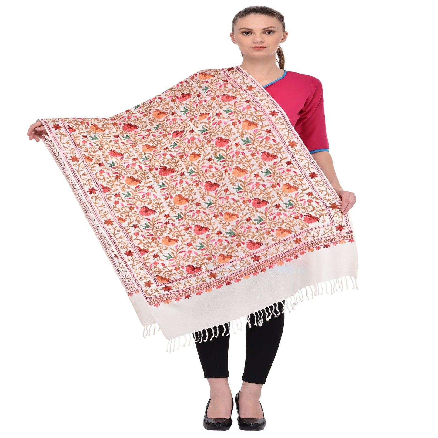 Kashmir Embroidered Floral Pure Wool Shawl | Traditional Aari Hand Embroidery | 28" x 80" Inch