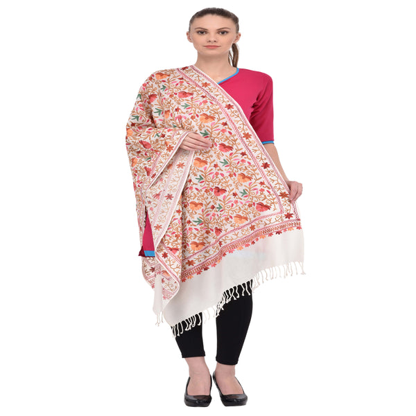 Kashmir Embroidered Floral Pure Wool Shawl | Traditional Aari Hand Embroidery | 28" x 80" Inch