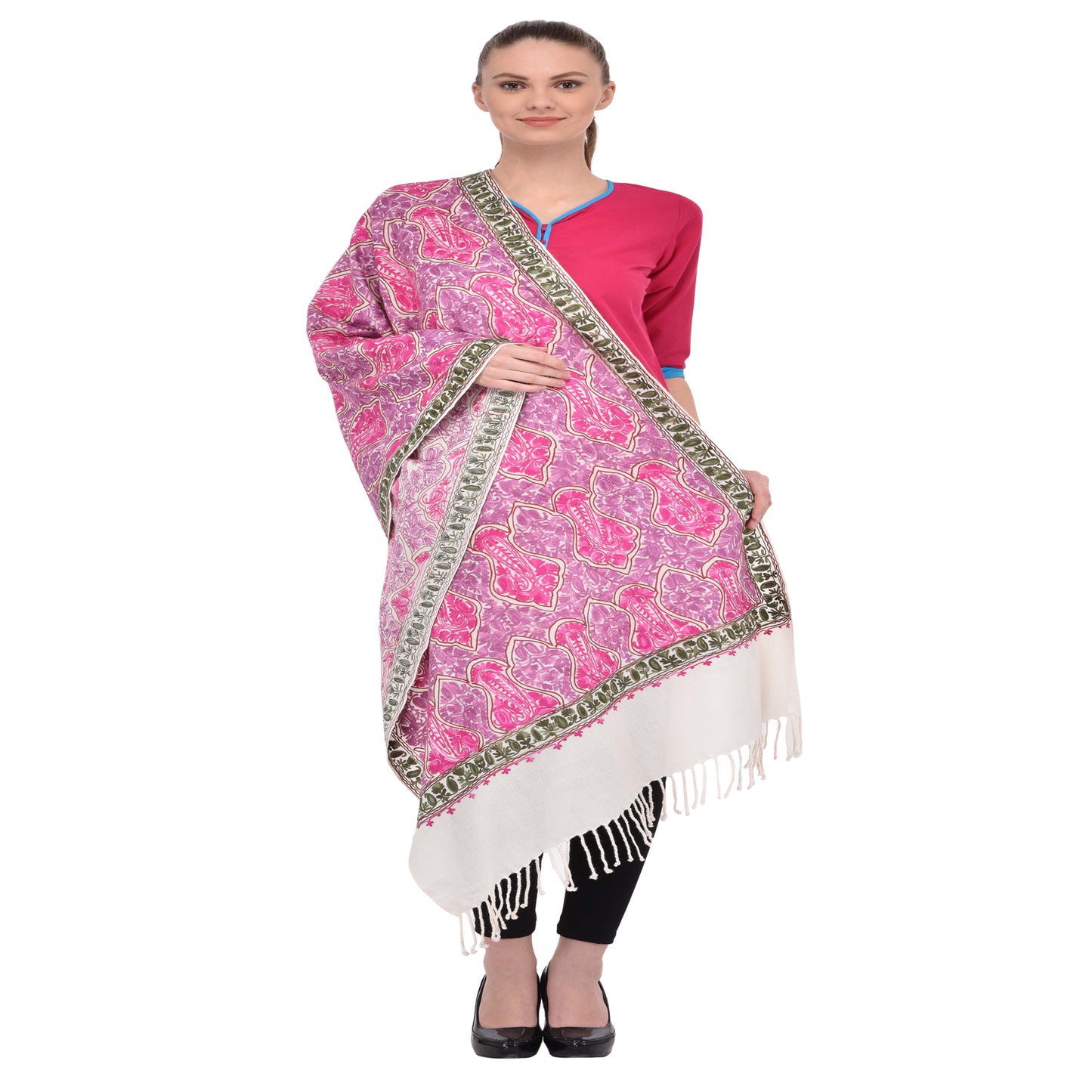 Kashmir Embroidered Floral Pure Wool Shawl | Traditional Aari Hand Embroidery | 28" x 80" Inch