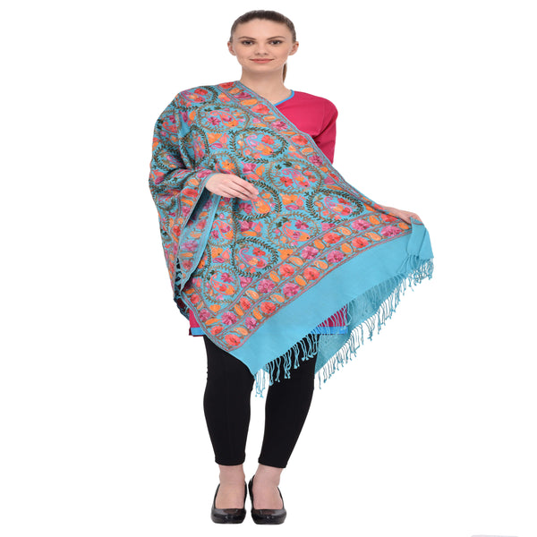 Kashmir Embroidered Floral Pure Wool Shawl | Traditional Aari Hand Embroidery | 28" x 80" Inch