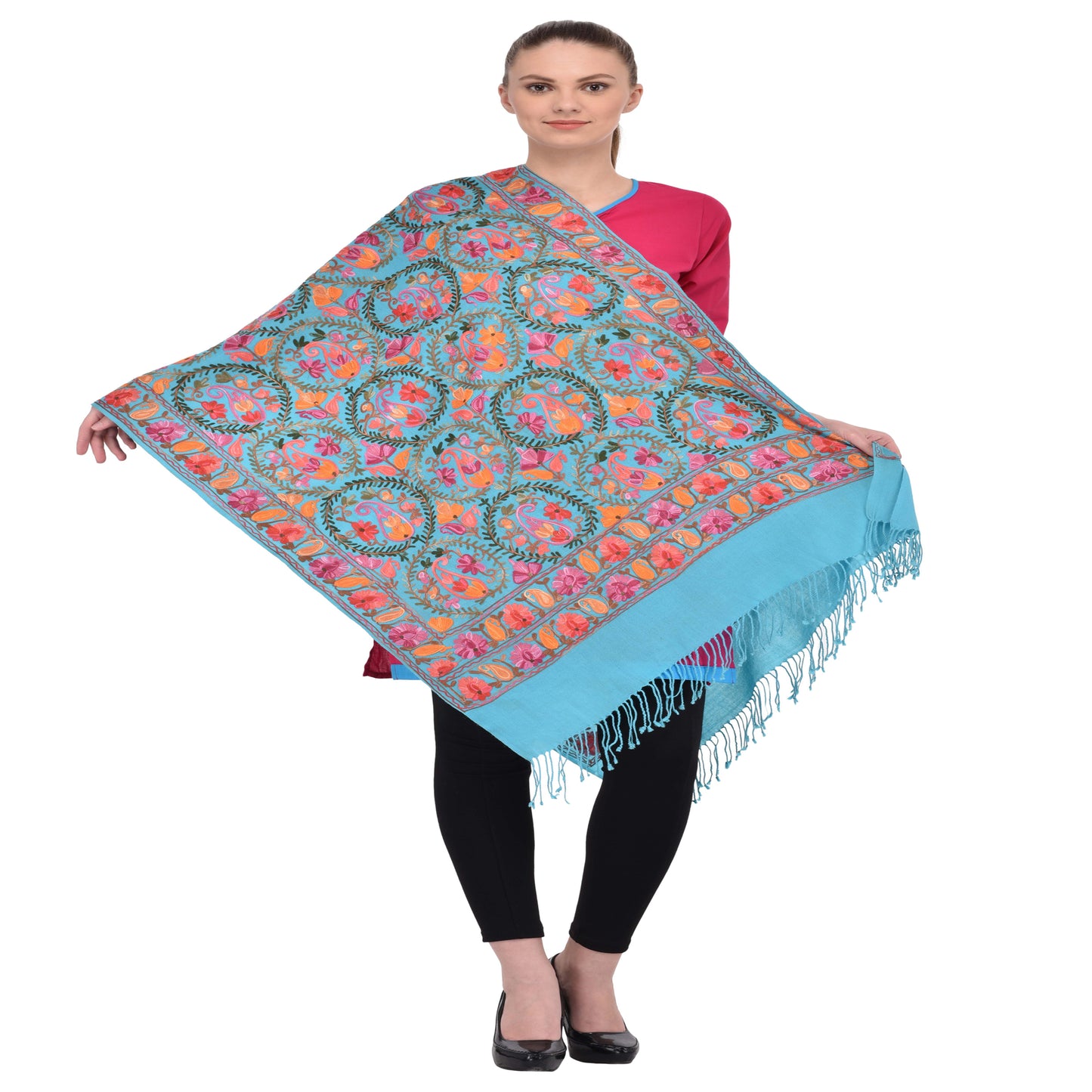 Kashmir Embroidered Floral Pure Wool Shawl | Traditional Aari Hand Embroidery | 28" x 80" Inch