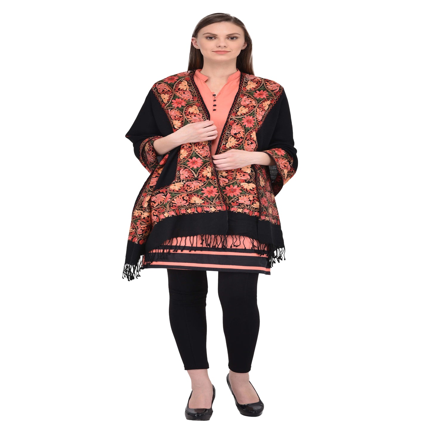 Kashmir Embroidered Floral Pure Wool Shawl | Traditional Aari Hand Embroidery | 28" x 80" Inch
