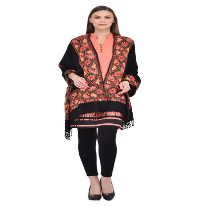 Kashmir Embroidered Floral Pure Wool Shawl | Traditional Aari Hand Embroidery | 28" x 80" Inch