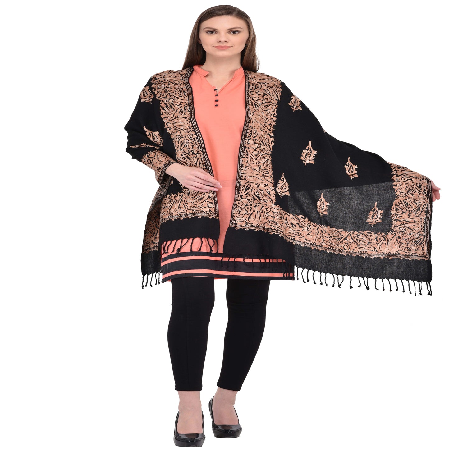 Kashmir Embroidered Floral Pure Wool Shawl | Traditional Aari Hand Embroidery | 28" x 80" Inch