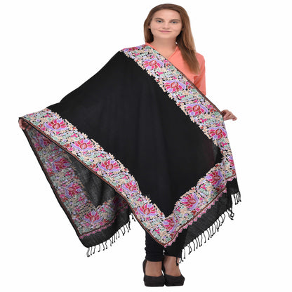 Kashmir Embroidered Floral Pure Wool Shawl | Traditional Aari Hand Embroidery | 28" x 80" Inch