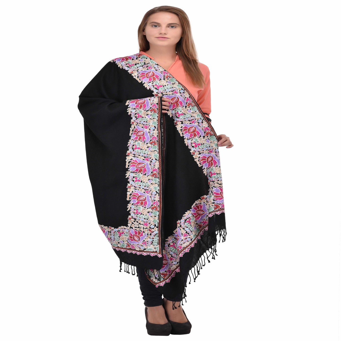 Kashmir Embroidered Floral Pure Wool Shawl | Traditional Aari Hand Embroidery | 28" x 80" Inch