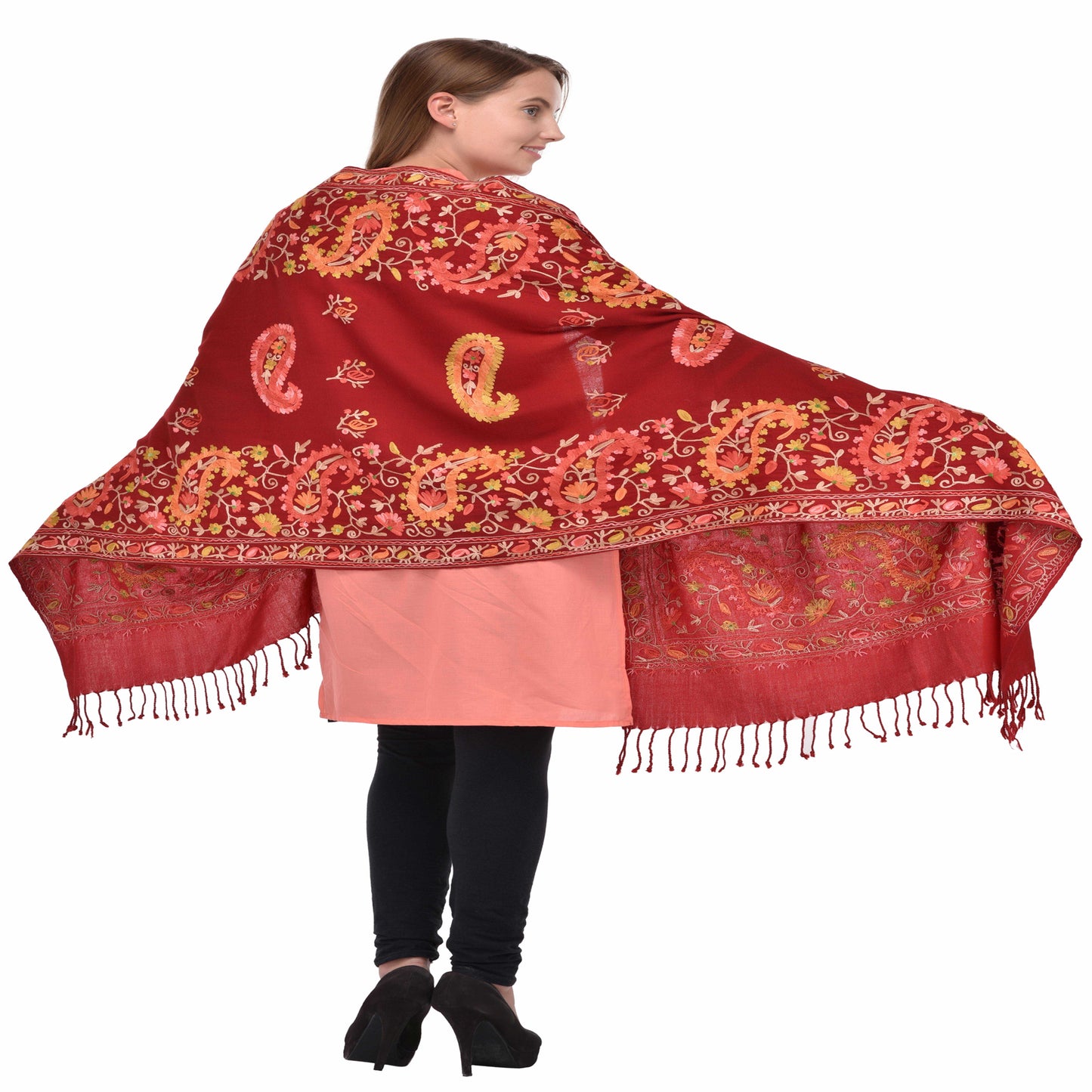 Kashmir Embroidered Floral Pure Wool Shawl | Traditional Aari Hand Embroidery | 28" x 80" Inch