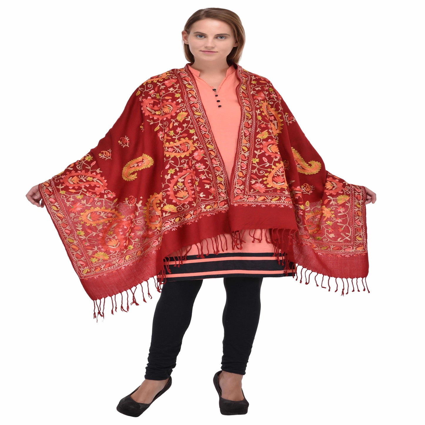 Kashmir Embroidered Floral Pure Wool Shawl | Traditional Aari Hand Embroidery | 28" x 80" Inch