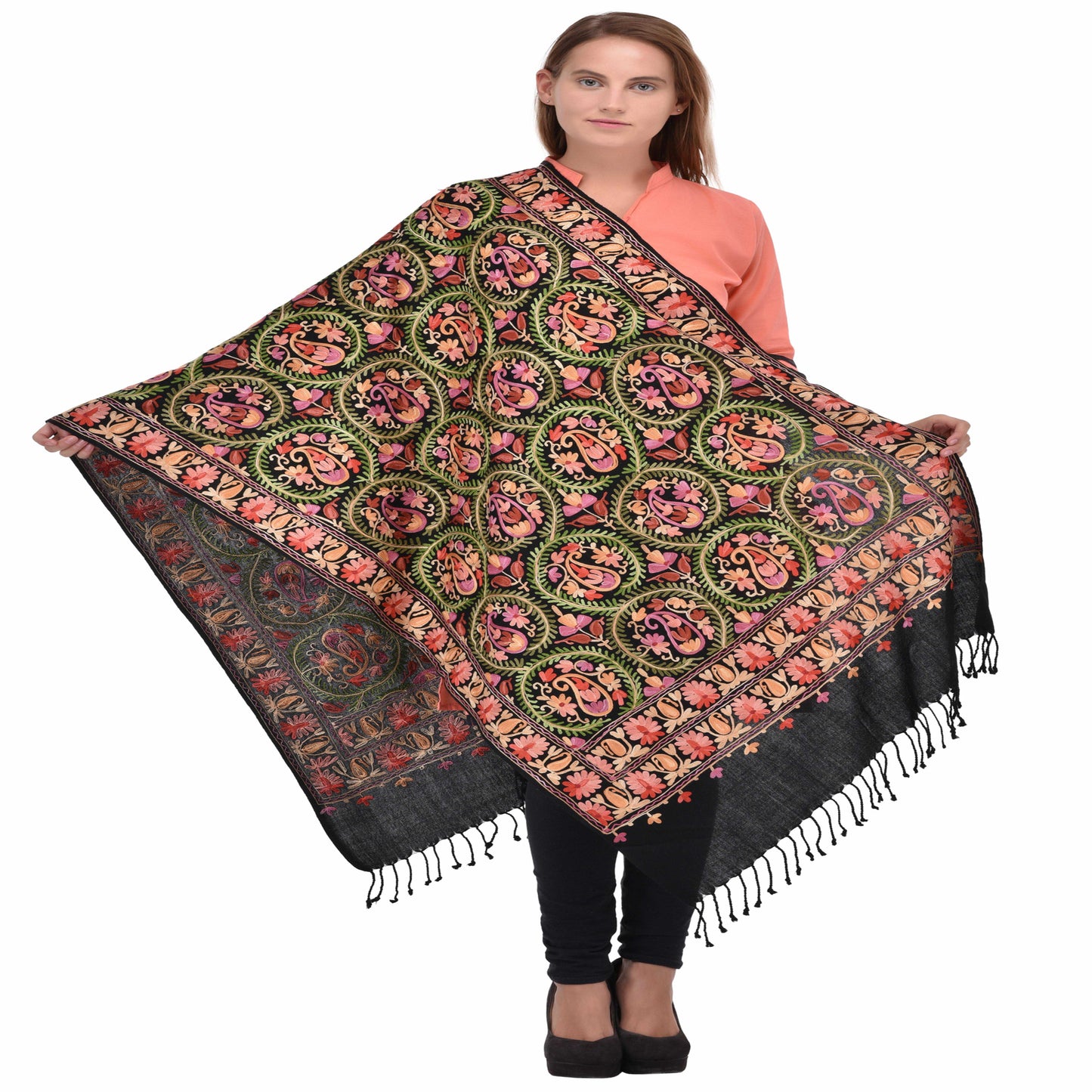 Kashmir Embroidered Floral Pure Wool Shawl | Traditional Aari Hand Embroidery | 28" x 80" Inch
