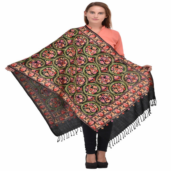 Kashmir Embroidered Floral Pure Wool Shawl | Traditional Aari Hand Embroidery | 28" x 80" Inch