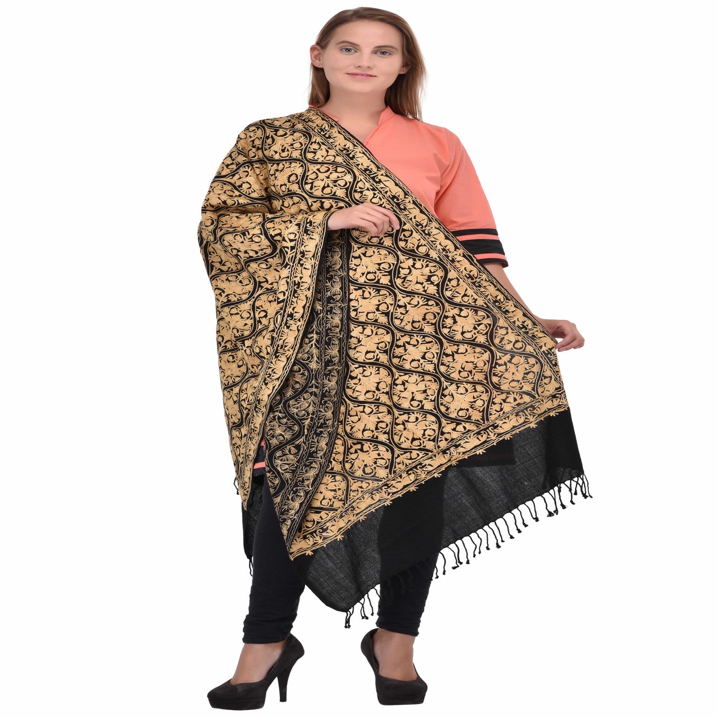 Kashmir Embroidered Floral Pure Wool Shawl | Traditional Aari Hand Embroidery | 28" x 80" Inch