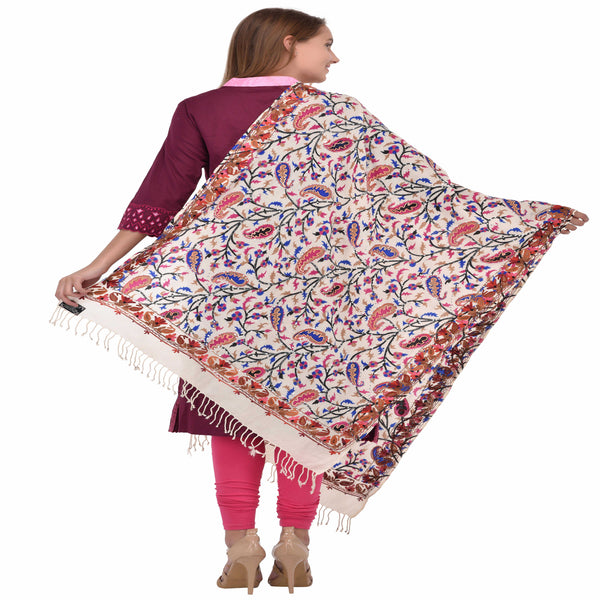Kashmir Embroidered Floral Pure Wool Shawl | Traditional Aari Hand Embroidery | 28" x 80" Inch
