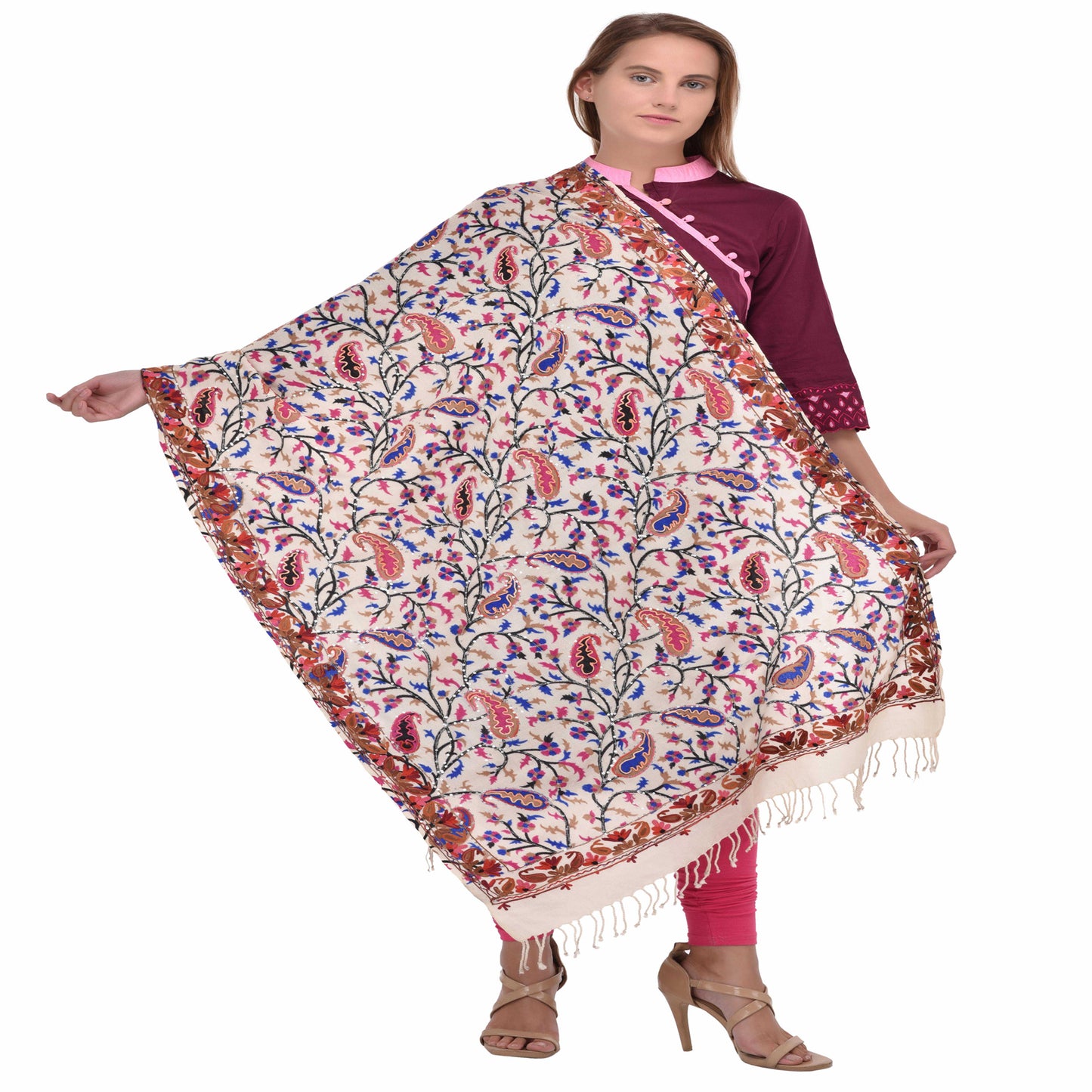 Kashmir Embroidered Floral Pure Wool Shawl | Traditional Aari Hand Embroidery | 28" x 80" Inch
