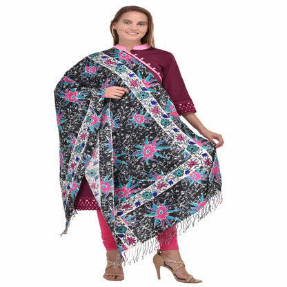Kashmir Printed Stole with Embroidered Floral Design | Pure Wool Shawl | Traditional Aari Hand Embroidery | 28" x 80" Inch