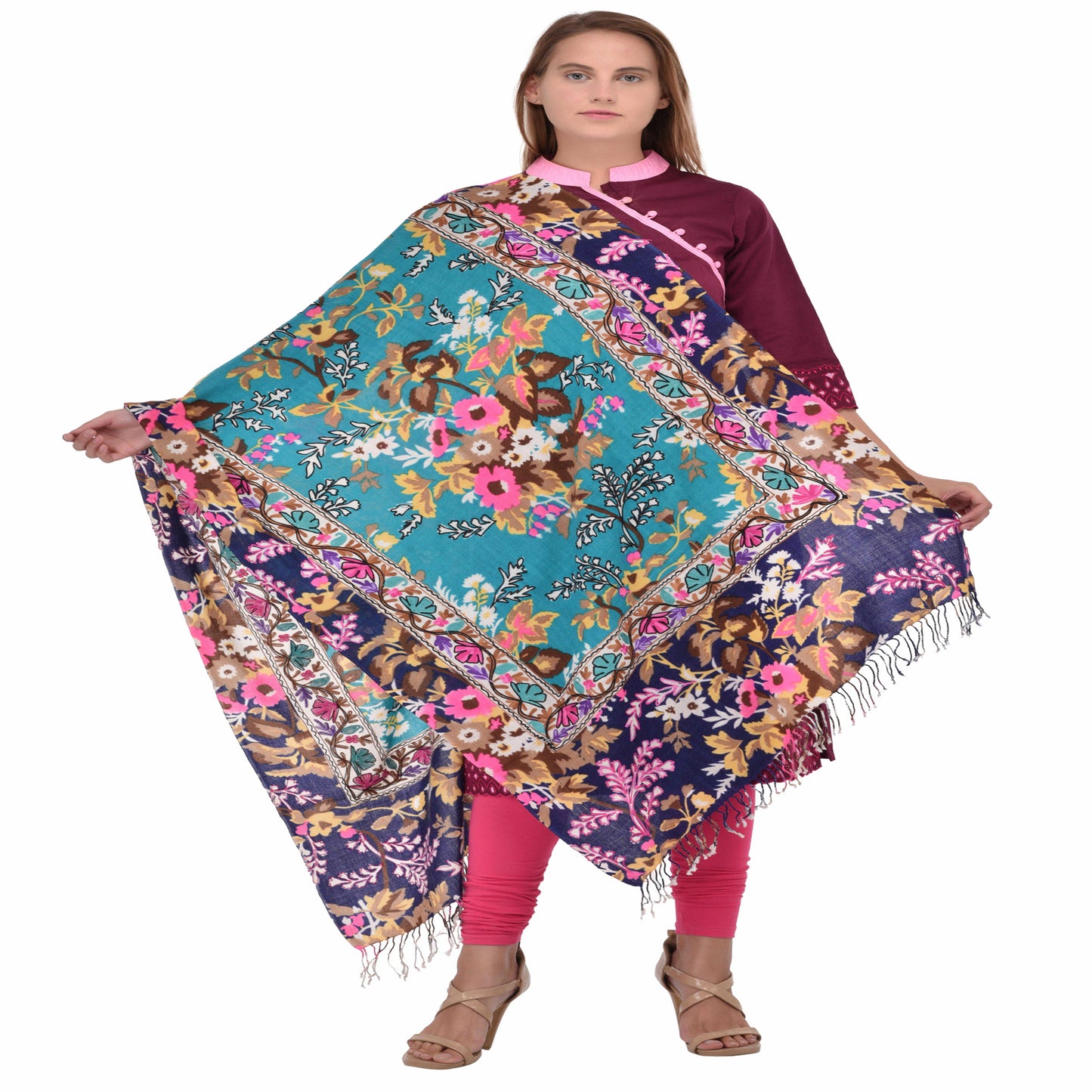 Kashmir Embroidered Floral Pure Wool Shawl | Traditional Aari Hand Embroidery | 28" x 80" Inch