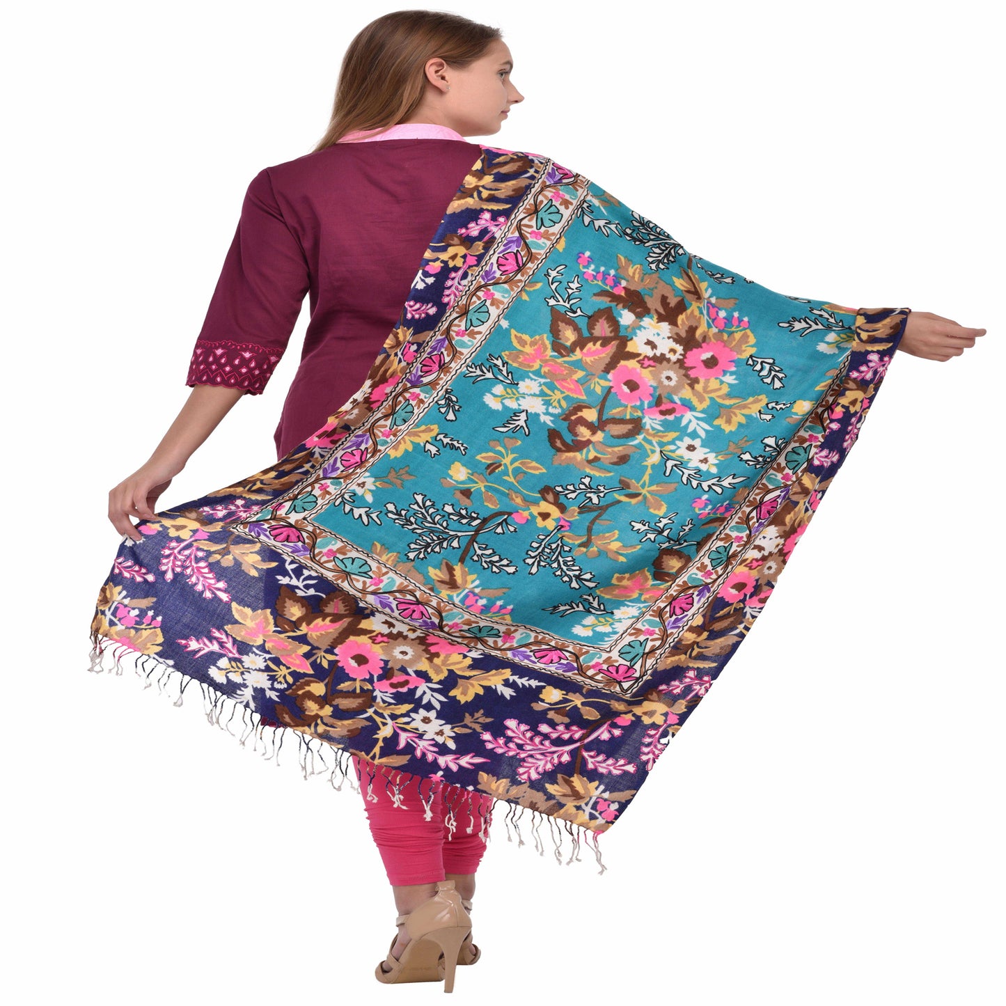 Kashmir Embroidered Floral Pure Wool Shawl | Traditional Aari Hand Embroidery | 28" x 80" Inch