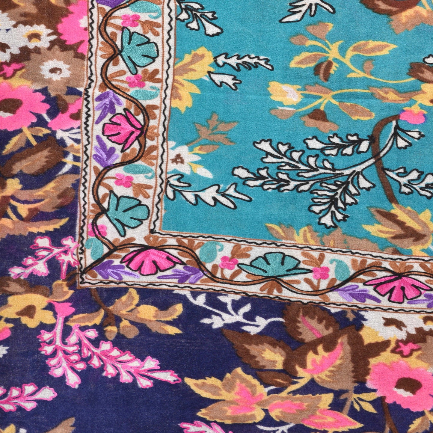 Kashmir Embroidered Floral Pure Wool Shawl | Traditional Aari Hand Embroidery | 28" x 80" Inch