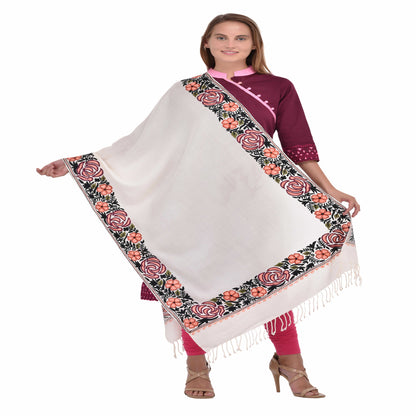 Kashmir Embroidered Floral Pure Wool Shawl | Traditional Aari Hand Embroidery | 28" x 80" Inch