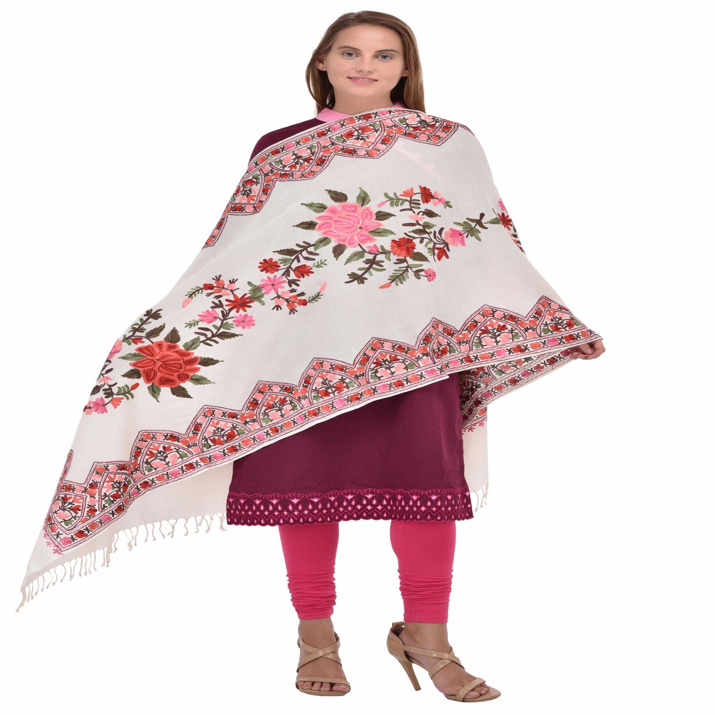 Kashmir Embroidered Floral Pure Wool Shawl | Traditional Aari Hand Embroidery | 28" x 80" Inch