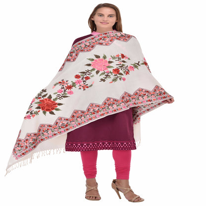 Kashmir Embroidered Floral Pure Wool Shawl | Traditional Aari Hand Embroidery | 28" x 80" Inch