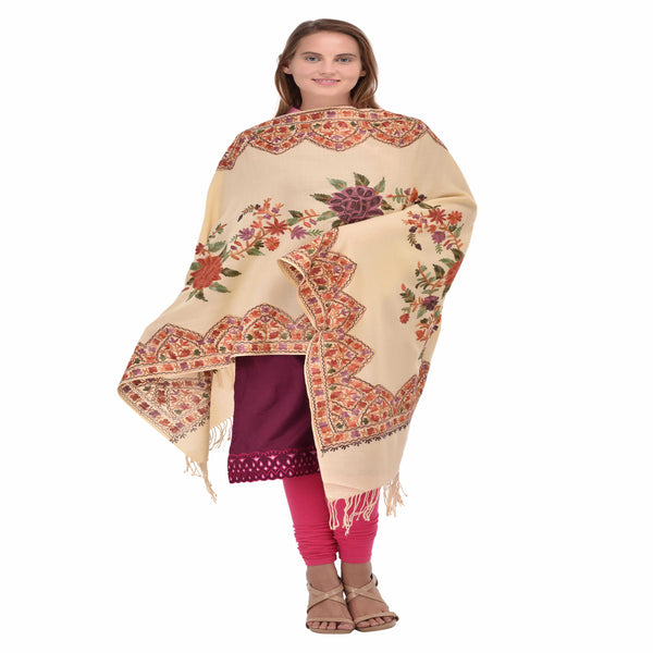 Kashmir Embroidered Floral Pure Wool Shawl | Traditional Aari Hand Embroidery | 28" x 80" Inch