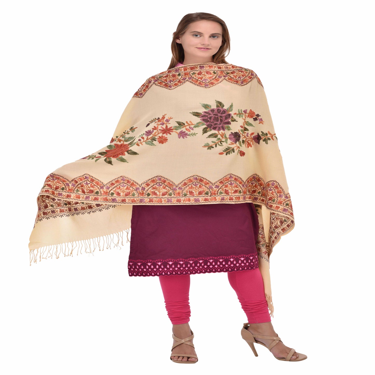 Kashmir Embroidered Floral Pure Wool Shawl | Traditional Aari Hand Embroidery | 28" x 80" Inch