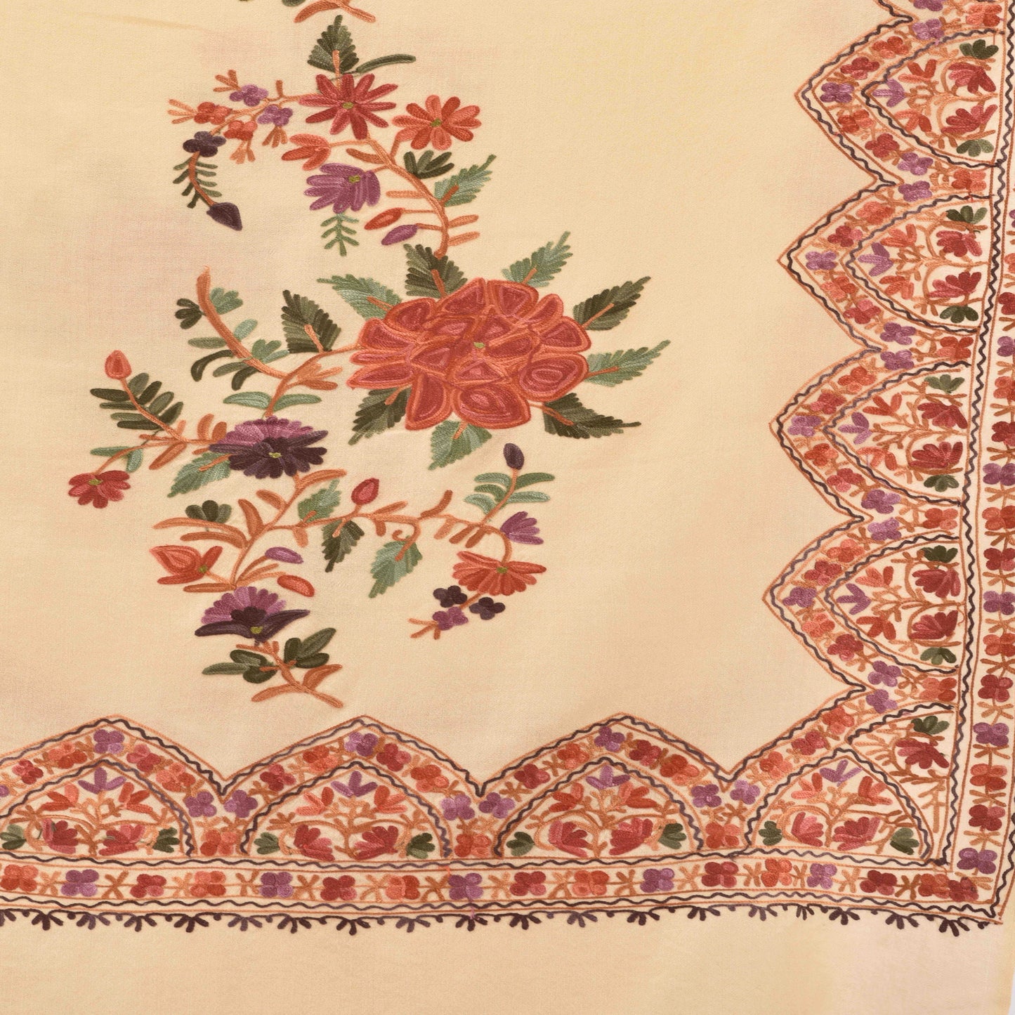 Kashmir Embroidered Floral Pure Wool Shawl | Traditional Aari Hand Embroidery | 28" x 80" Inch
