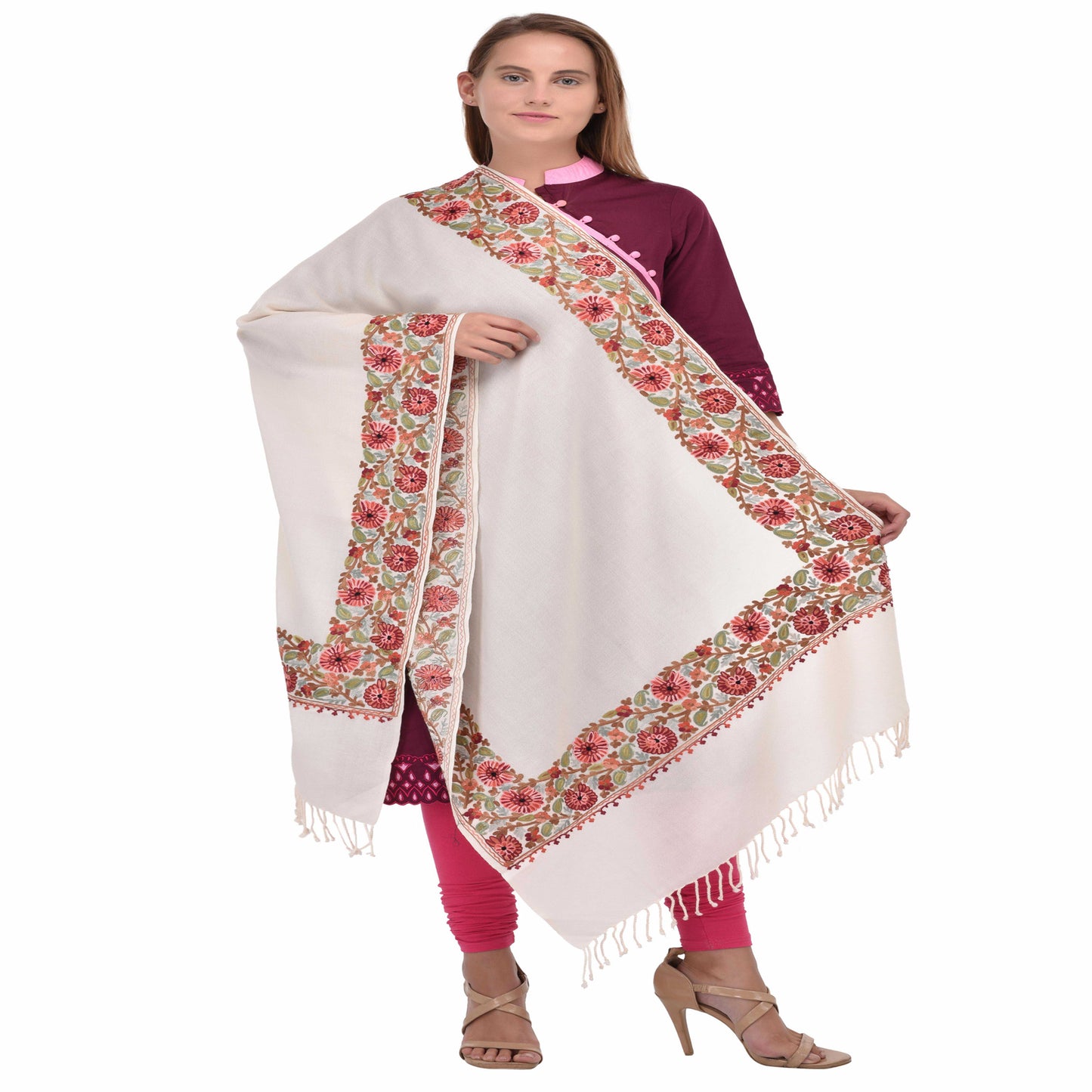 Kashmir Embroidered Floral Pure Wool Shawl | Traditional Aari Hand Embroidery | 28" x 80" Inch